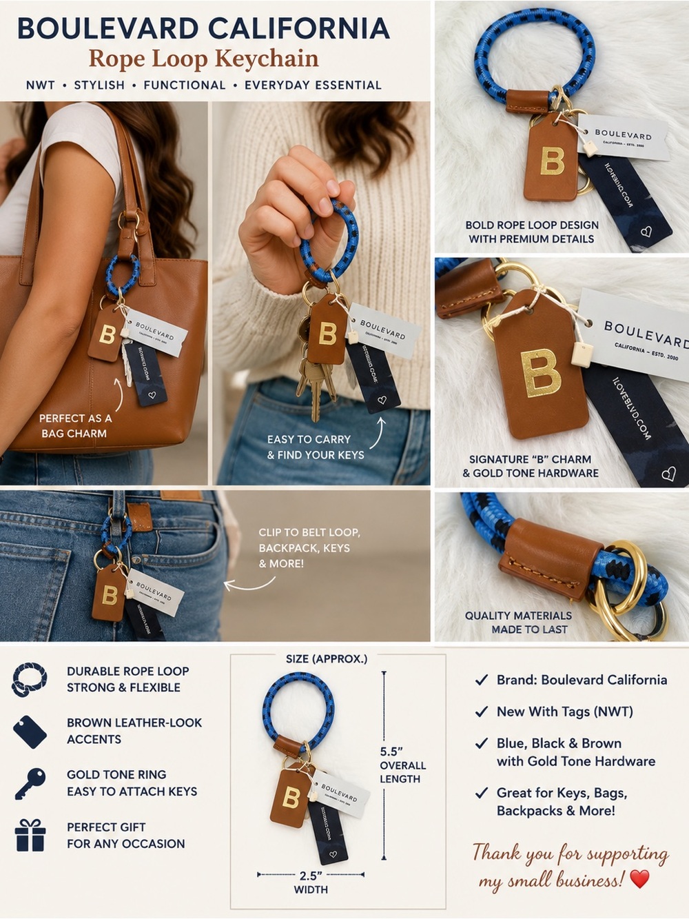 Boulevard California Blue Rope Loop Keychain Brown Leather Gold Tone NWT